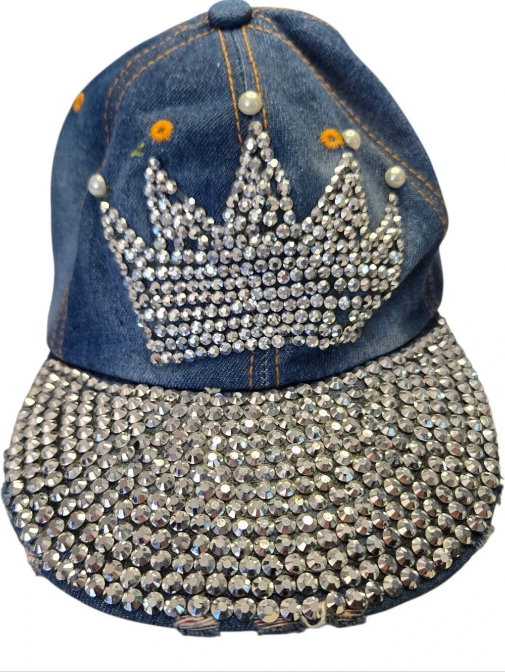 👑 Magid Hat's Rhinestone Crown Denim Baseball Cap | Bling Pearl Distressed Hat